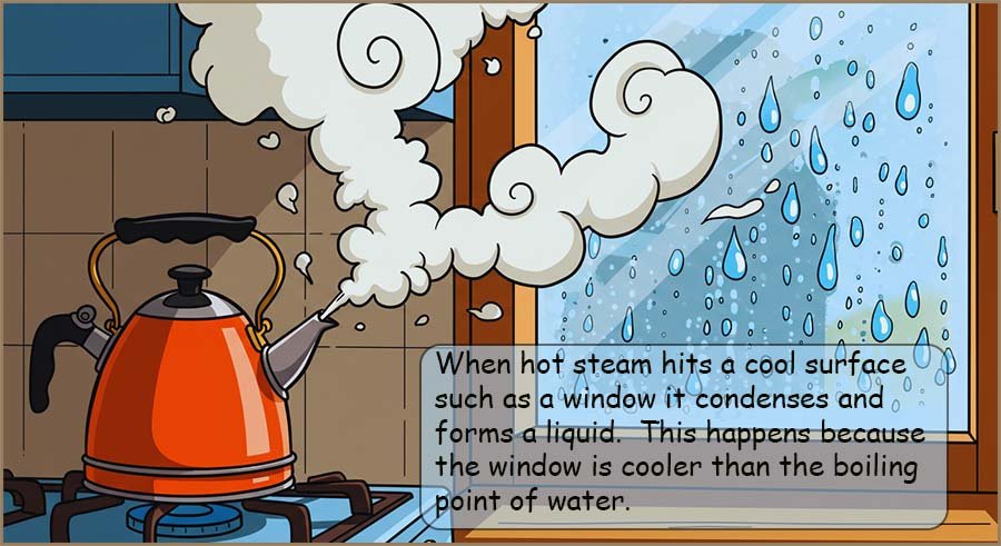 Steam from a kettle condensing on a cool window pane.